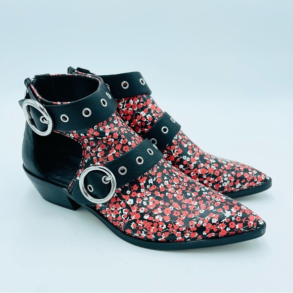 Rebecca Minkoff Kianna Cut Out Red Floral Double Buckle Ankle Boots - Picture 2 of 9